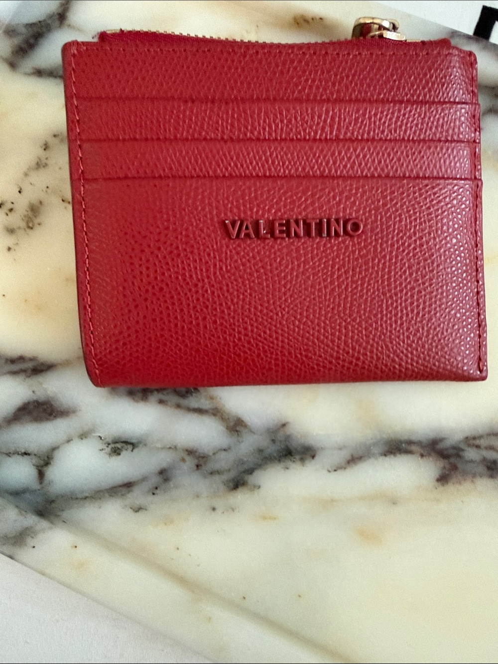 Valentino Red Pebbled Leather Card Case with Zip